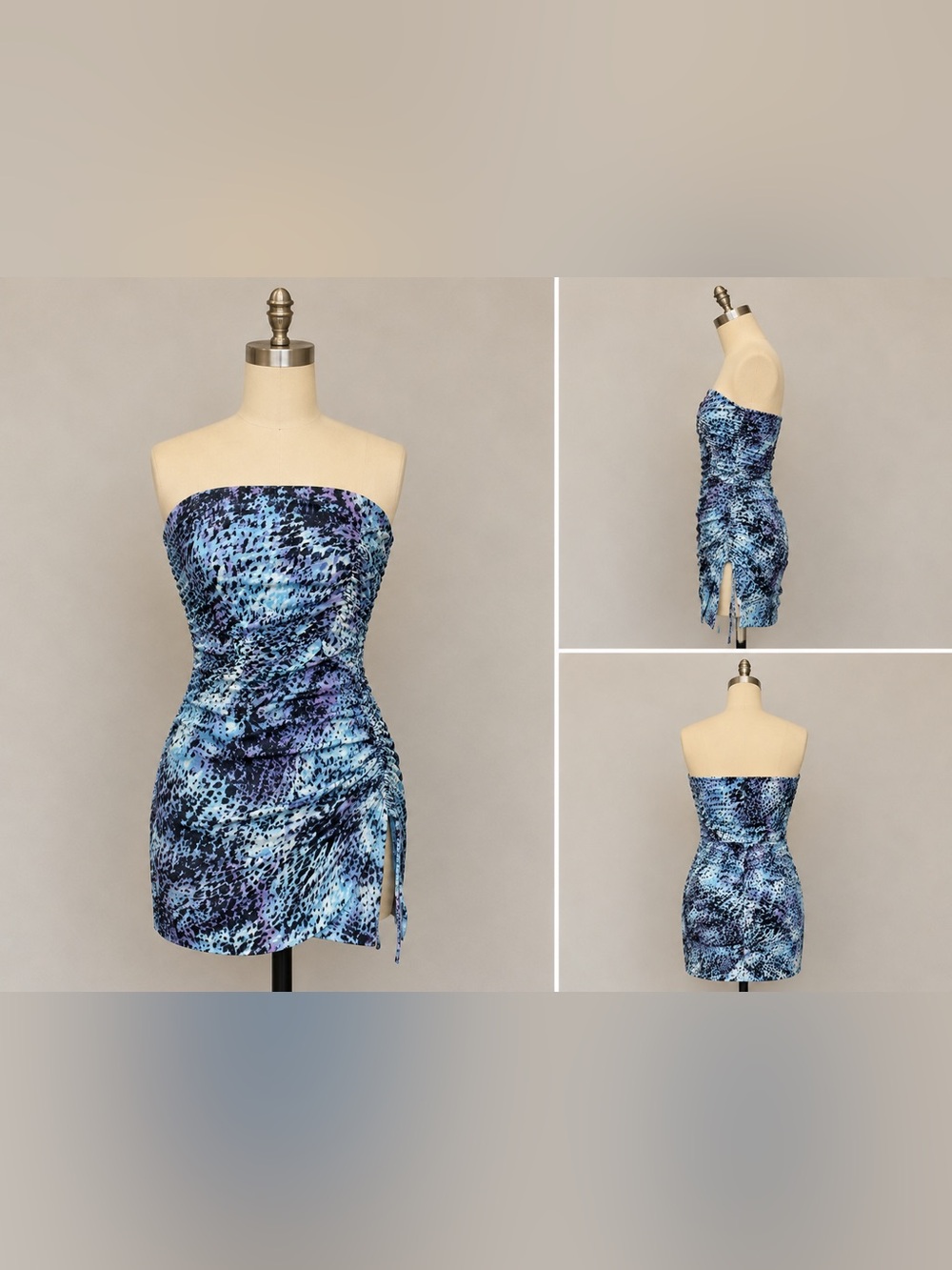 Nine West Y2K Vintage Huxley Blue Strapless Ruched Mini Dress Abstract Animal Pr